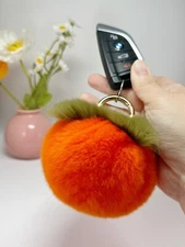 Genuine Rabbit Fur Pom Pom Keychain Bag Purse Charm Accessory persimmon New