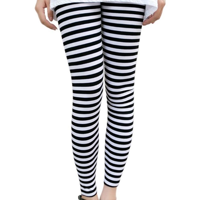 Women Ankle Length Skinny Leggings Black White Horizontal Striped Pants Tights Women Ankle Length Skinny Leggings Black White Horizontal Striped Pants Tights