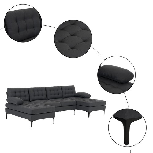 Modern U-Shaped Sectional Sofa Couch, 110'' Upholstered Couch with 2 Chaise Gray - Picture 4 of 9
