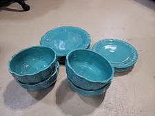 Pioneer Woman Turquoise  Scollaped Edge Dishes Embossed Lot Of 12 Plates & Bowls