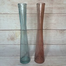Juego de 2 jarrones de vidrio verde y rosa de 12" de largo Boho Coastal MCM reloj de arena alto