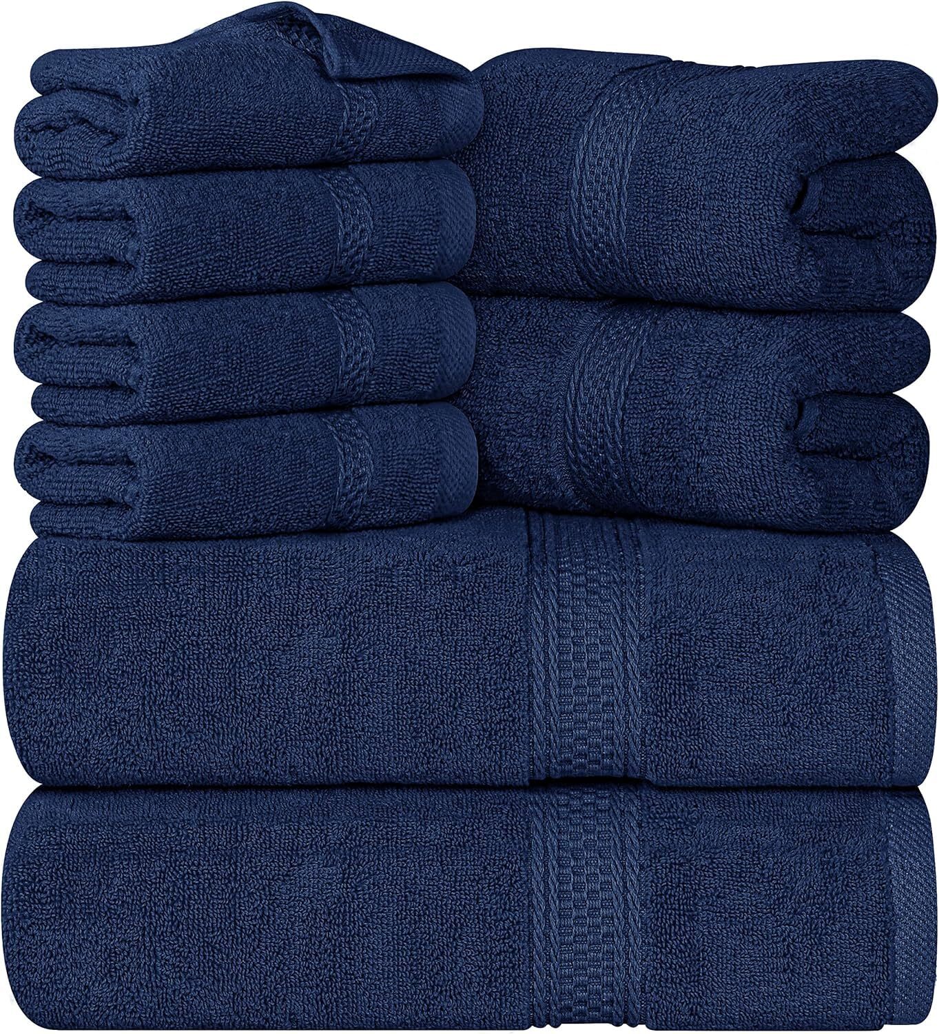 Utopia 600 GSM Navy Blue Cotton Towel Set 8-Piece Super Absorbent