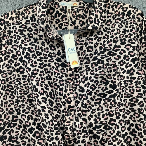 NWT C&C California Popover Top Womens M Leopard Print Pink Roll Tab Twsit Front - Picture 10 of 10