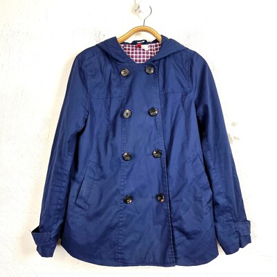 H&M DIVIDED Womens Jacket Size 38 Navy Blue Double Breasted Hooded Long Sleeve