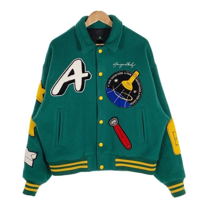 A FEW GOOD KIDS Rocket Collage Jacket Wool Varsity Jacket Green Size M rf