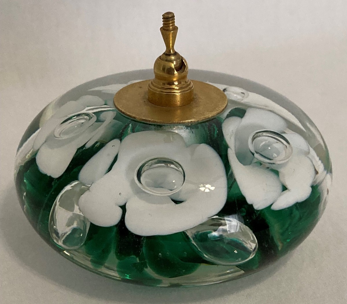 Clair Art Glass Paperweight Pen Holder Bubble Flowers Emerald Green  White