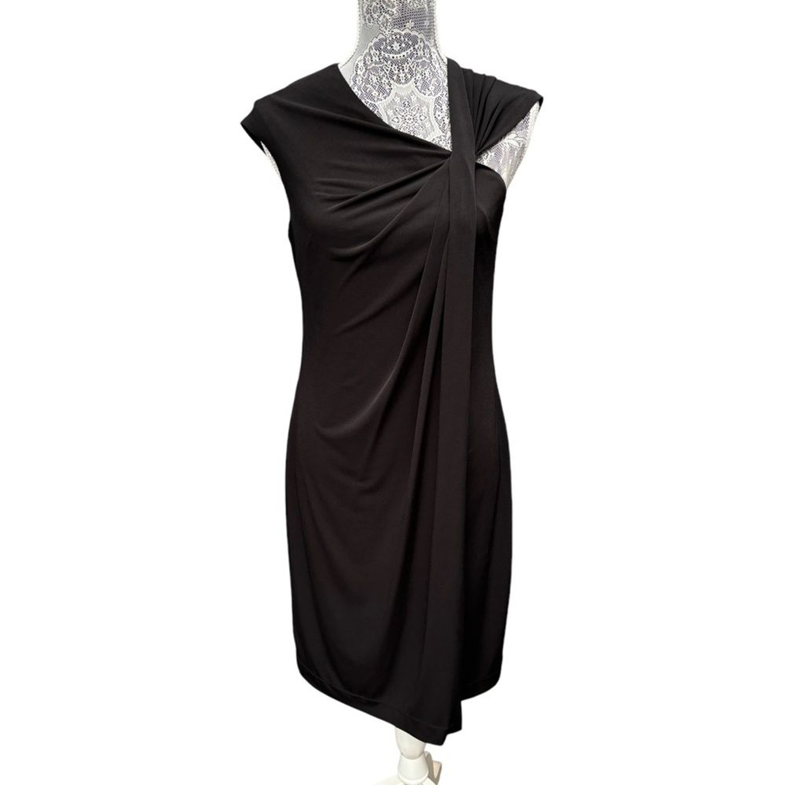 Musette Women's 10 Black Sleeveless Asymmetrical Neckline Draped Black Dress LBD