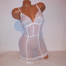 Victoria Secret Lingerie Babydoll Chemise Large White Garter Straps Sheer Ruffle