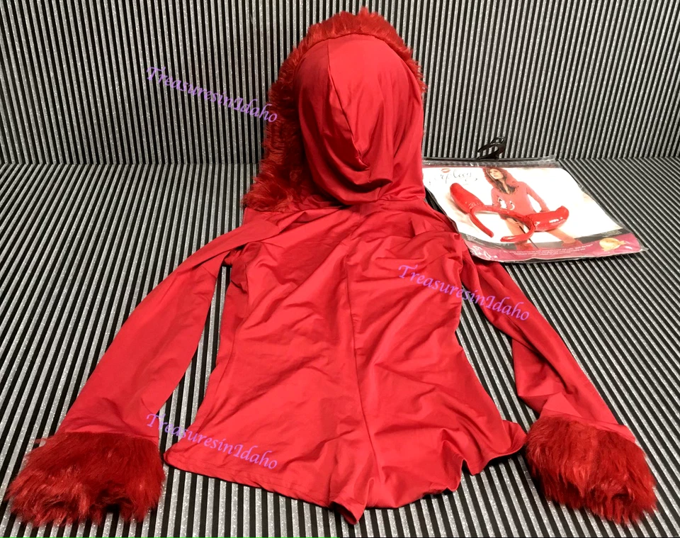 Disfraz She Devil Mameluco Rojo Cremallera Sudadera con Capucha de Piel y Puños Borde, Cabeza de Cuerno Foto 4 de 4