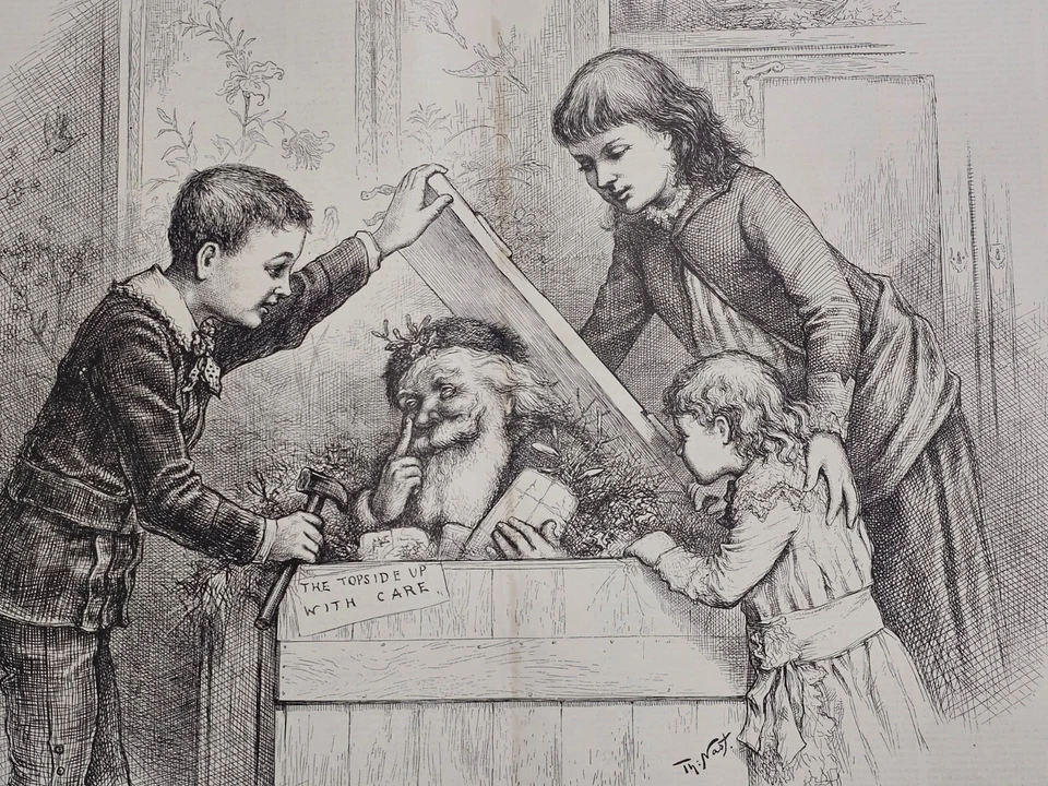 Thomas Nast ORIGINAL Double Page Harpers Weekly "A Christmas Box" Engraving 1885 - Image 4 of 4
