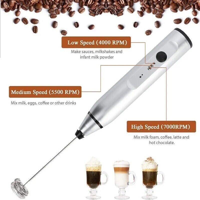 Electric Milk Frother Double Whisk Handheld Coffee Foam Mixer USB Rechargeable