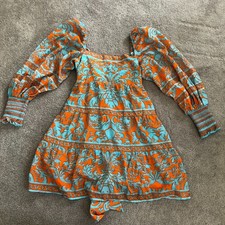 Alice + Olivia Rowen tiered babydoll dress XS Orange Blue Long Sleeve Mini Tie
