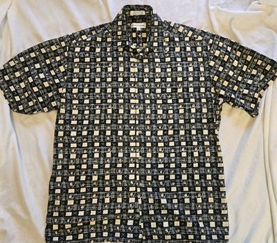 Pierre Cardin Hawaiian Shirt Sz Medium Black Button Up