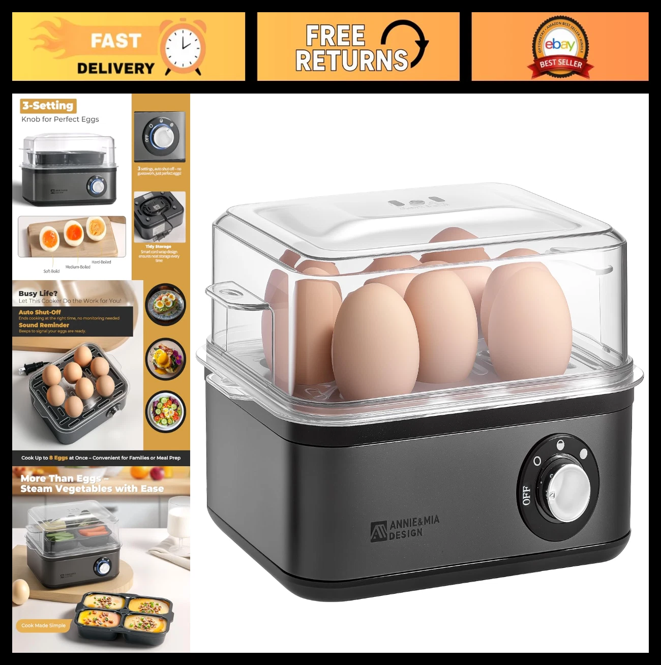 Stainless Steel Electric Egg Cooker 8 Egg Capacity, Soft/Medium/Hard Boiled, Aut