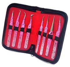 Eyelash Extension Speckled Pink Straight and Curved Tweezers Set of 8 Pcs - PICK