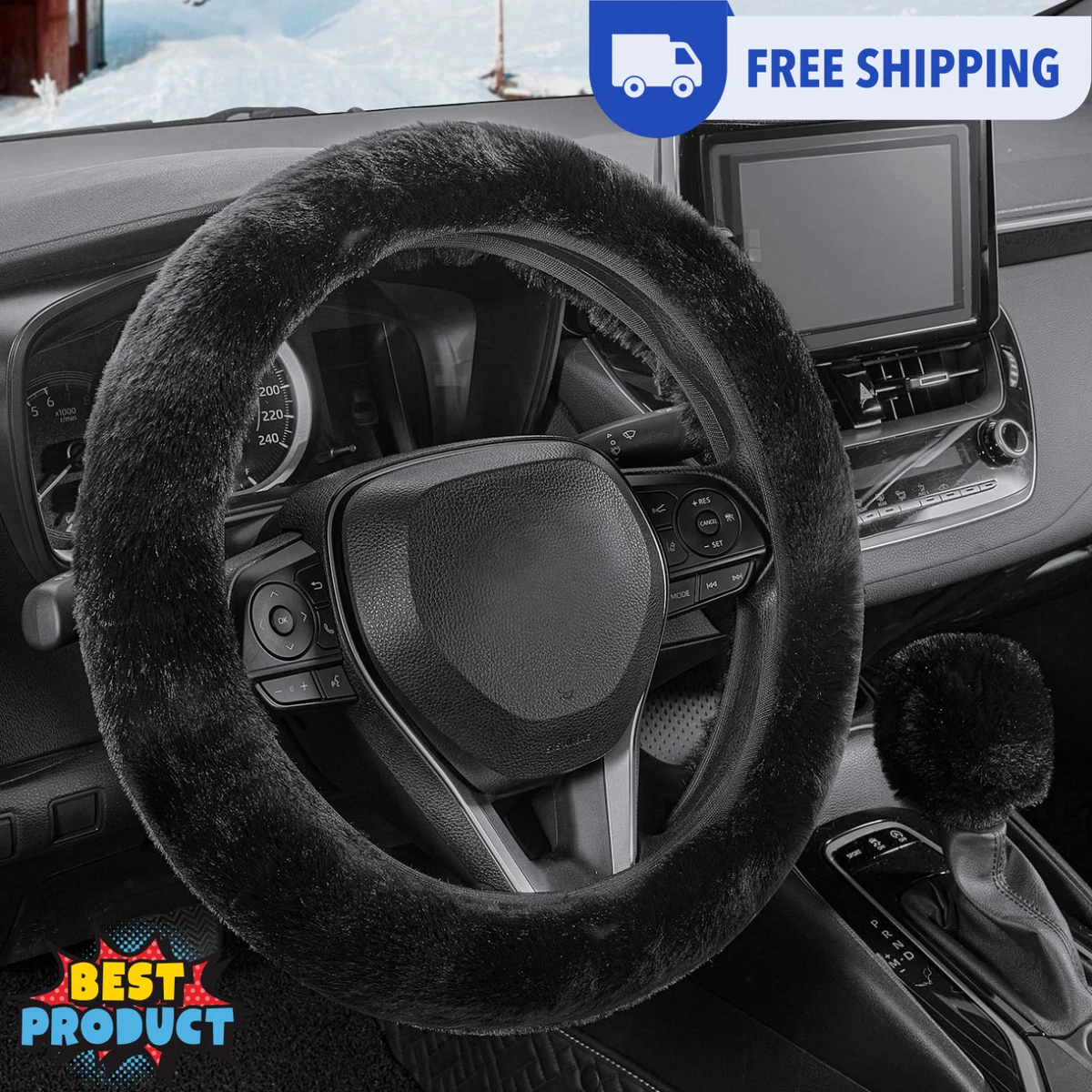 Lilo And Stitch 3Pcs Set Womens Winter Fashion Wool Fur Soft Furry Steering Wheel Covers Gray Blue Fluffy Handbrake Cover Gear Shift Cover Fuzz Warm Non-slip Car Deco Steering Wheel Cover Set