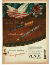 1946 Venus Hooded Fountain Pen Christmas Gift on wood slab Vintage Print Ad