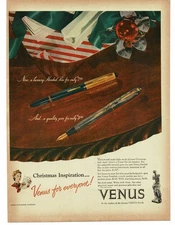 1946 Venus Hooded Fountain Pen Christmas Gift on wood slab Vintage Print Ad