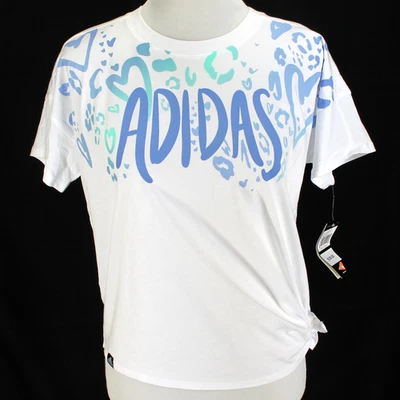 Adidas Tee Shirt Girls Sz L 14 White Blue Short Sleeve Side Tie Cotton Top NEW - Image 1 of 4