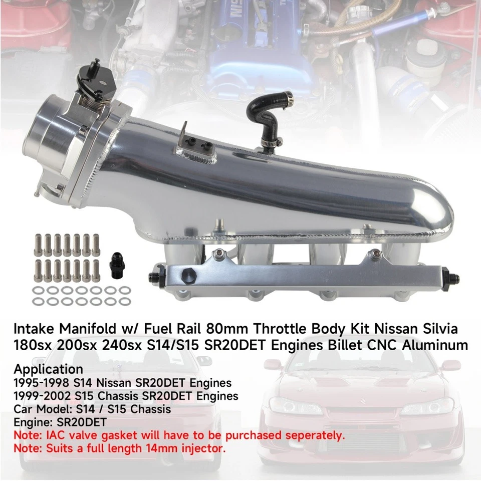 Intake Manifold +80mm Throttle Body +Fuel Rail For Nissan SR20DET S14/S15 Silver - Image 4 of 4