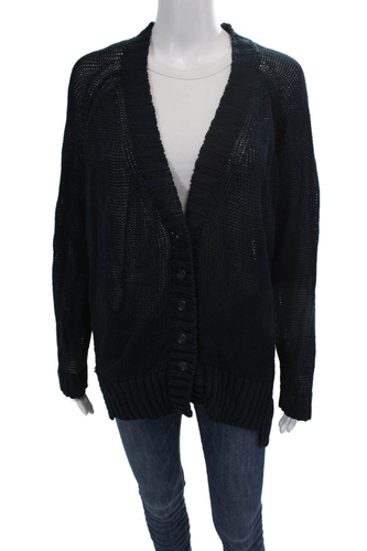 Christopher Fischer Womens Linen Open Knit V-Neck Cardigan Sweater Navy Size M
