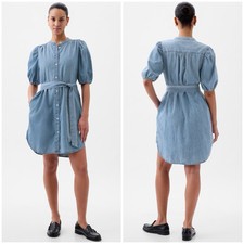 Gap Women Puff Sleeve Denim Light Wash Indigo Shirtdress Blue Cowgirl  Sz XS NWT