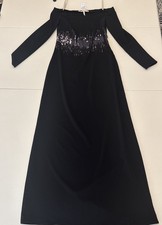 Halston Heritage Black Off Shoulder Sequin Waist Crepe Gown TB160135EM. Size 0