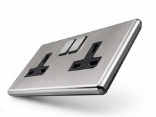 6 Shneider Ultimate Switched Socket Stainless Steel Black Interior 2 Gang 13A DP