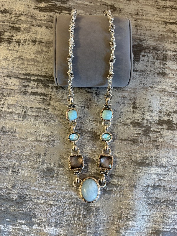 Michael Dawkins Sterling Silver Larimar, Mother of Pearl & Agate Lariat Necklace