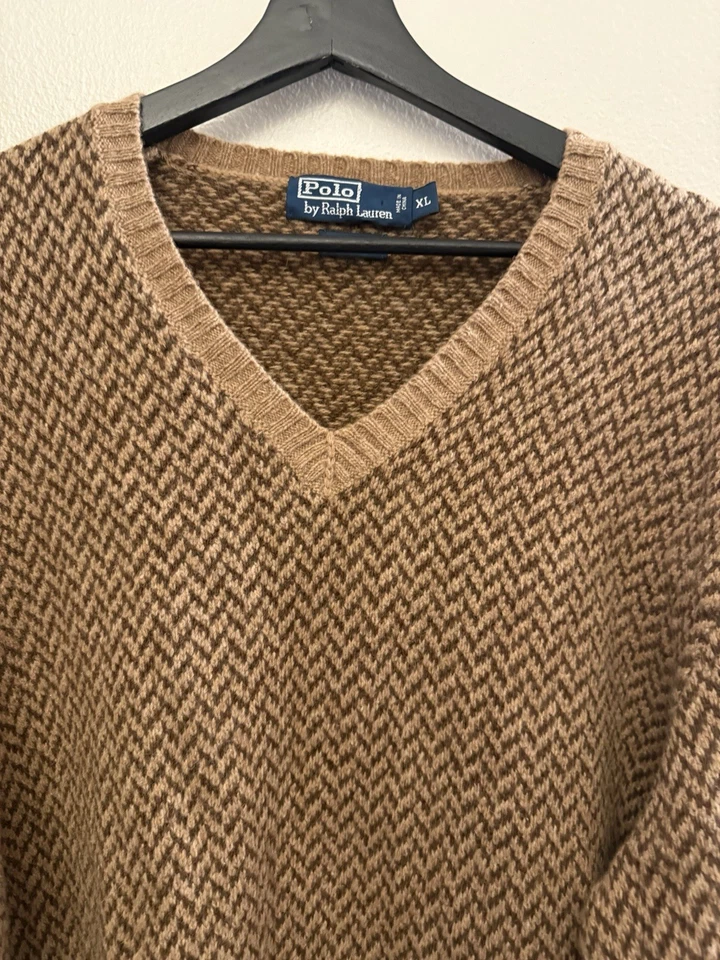 Vintage Ralph Lauren Men's Brown/ Beige Herringbone Wool Sweater Size XL - Image 4 of 4