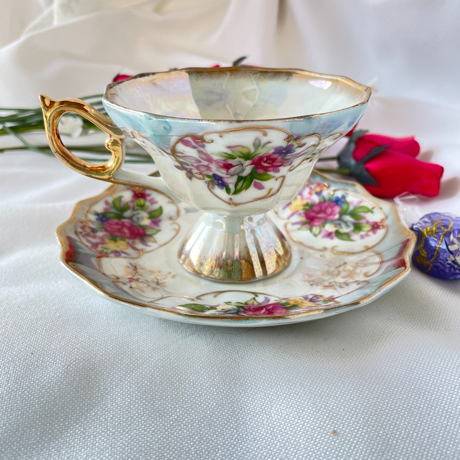 Vintage Bone China Lusterware Footed Teacup Saucer Pink Roses Japan (West Pac?)