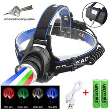 Red Green Blue White LED Head Torch Headlamp Zoomable USB Rechargeable Light UK