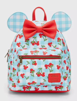 Loungefly Mini Backpack: MINNIE MOUSE Cherry Gingham All Over Blue White Plaid