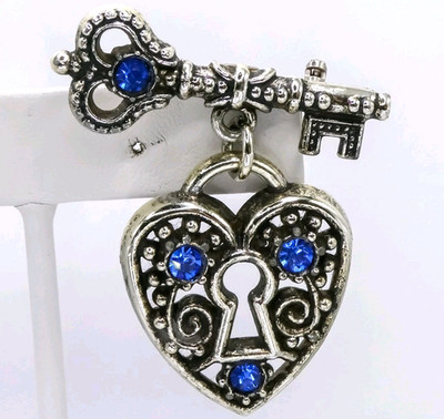 Blue Heart Lock And Key Drop Dangle Brooch Pin Silvertone Rhinestone 1.9'' Vtg