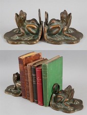 Pair Antique Bronzed Spelter Figural Frog Lily Pad Bookends, NO RESERVE