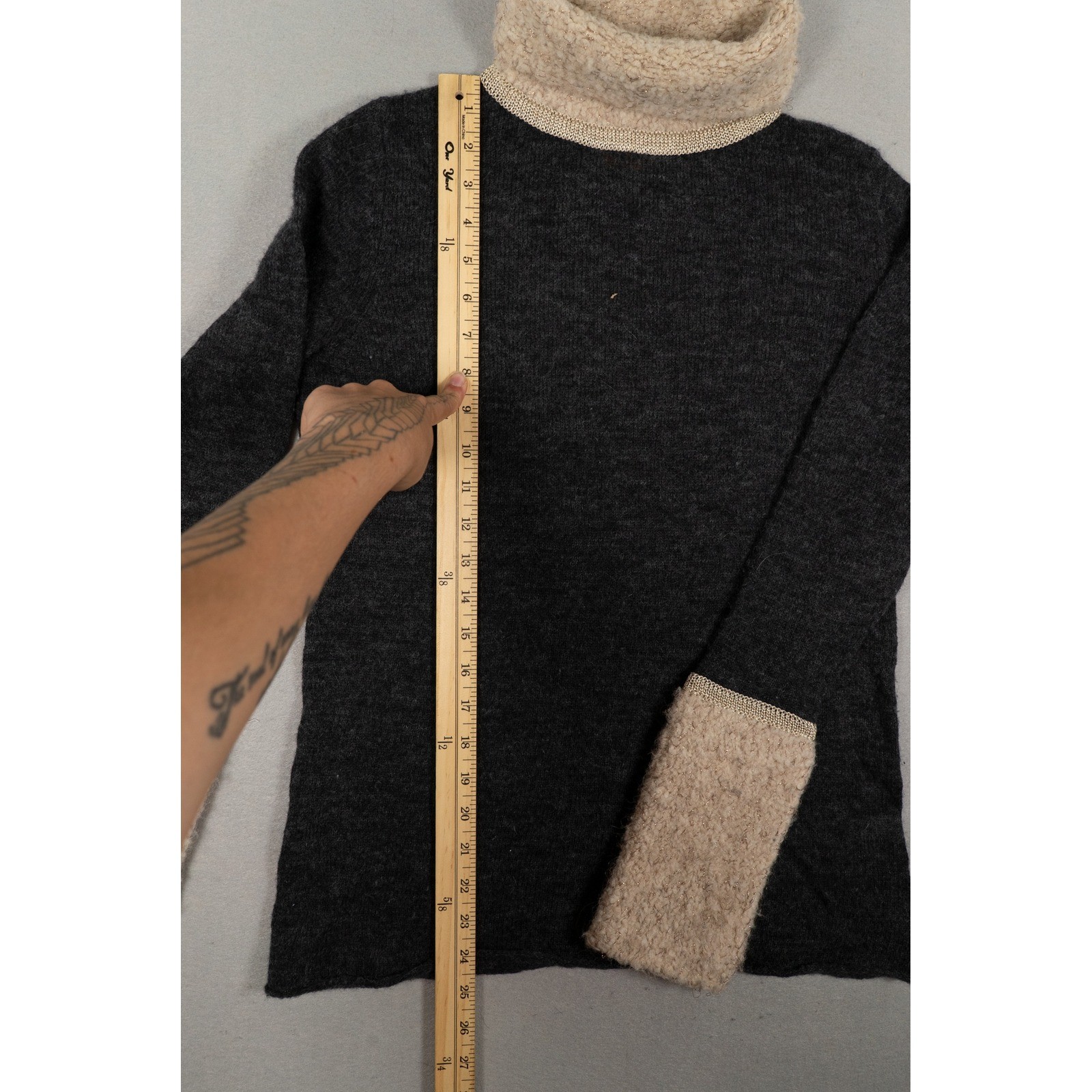 Tory Burch Alpaca Wool Blend Turtleneck Sweater Gray Beige Metallic Cuffs XS image 6