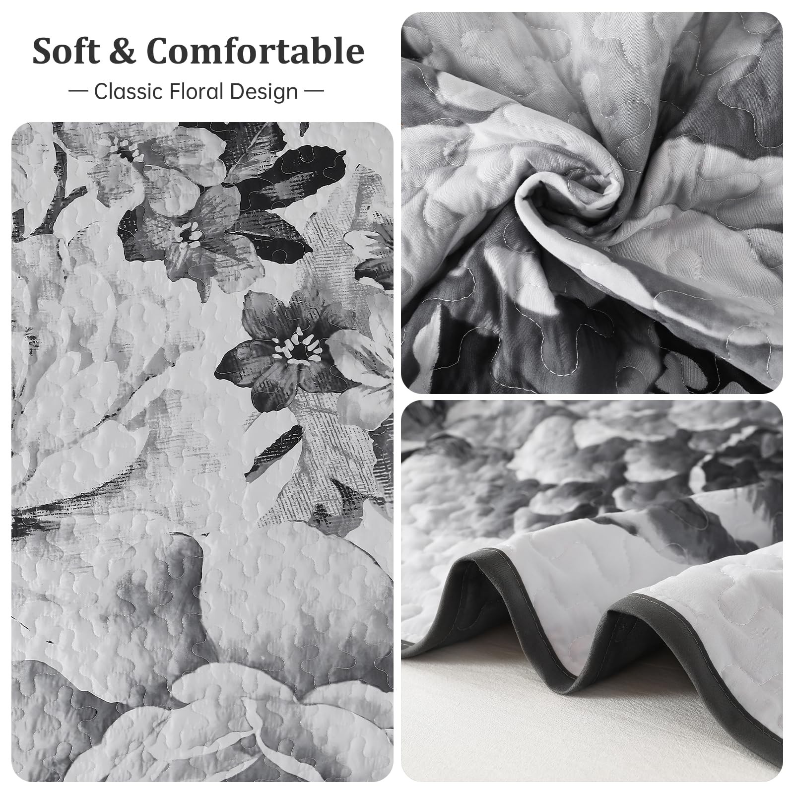 Grey Boho Floral Quilt Set King, 3 Pieces Elegant Gray Flower Bedspread Cover