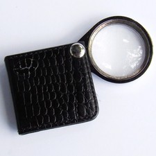 Pocket Folding Magnifying Glass w/ Convex Lens in Metal Frame Black Leather Case