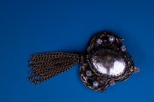 Vintage Ornate Tassel Brooch Pin Bronze Tone Faux Pearl Rhinestone Shell 4.5"