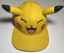 Pokemon Pikachu Cap Face 3D Ears Faux Leather Yellow Adjustable Snapback Hat