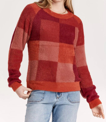 Another Love Womens Sweater XS Red Ruby Pink Check Crewneck Fuzzy Textured NWT