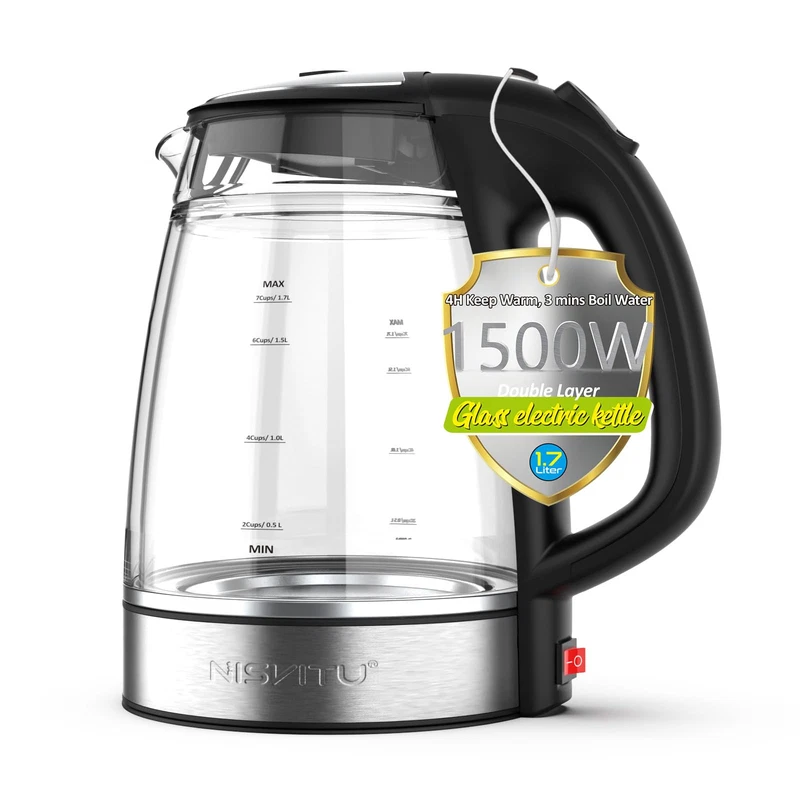 Nisvitu 1.7L Dual Wall Cool Touch Electric Kettle Bpa-Free Borosilicate Glass