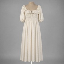 Boho Puff Sleeve Smocked Peasant Maxi Dress Sz 12 Cream Prairie Ren Faire Lined