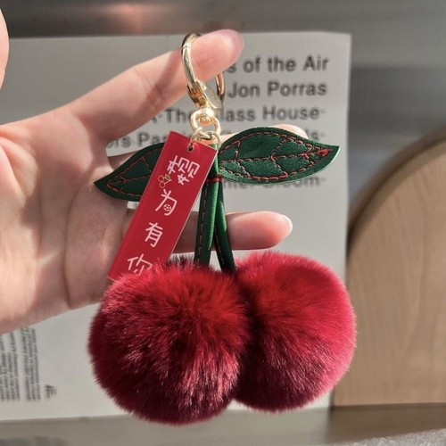 Furry Plush Pendant Key Chain Fluffy Car Keyring Fashion Cherry Keychain Girl