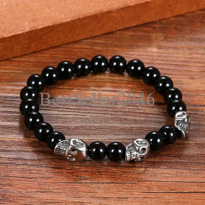 LOLOJ Men's Rhodium Plated Crown Skull Charm Bracelet - Black Matte Onyx Stone Beads, Adjustable