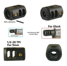 Ported 1/2x28 TPI Muzzle Brake Compensator Threaded Aluminum Black For 9mm Glock