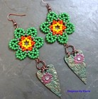 Handwoven beadwork Green Flowers & Hearts handcrafted artisan jewelry earrings — photo 1