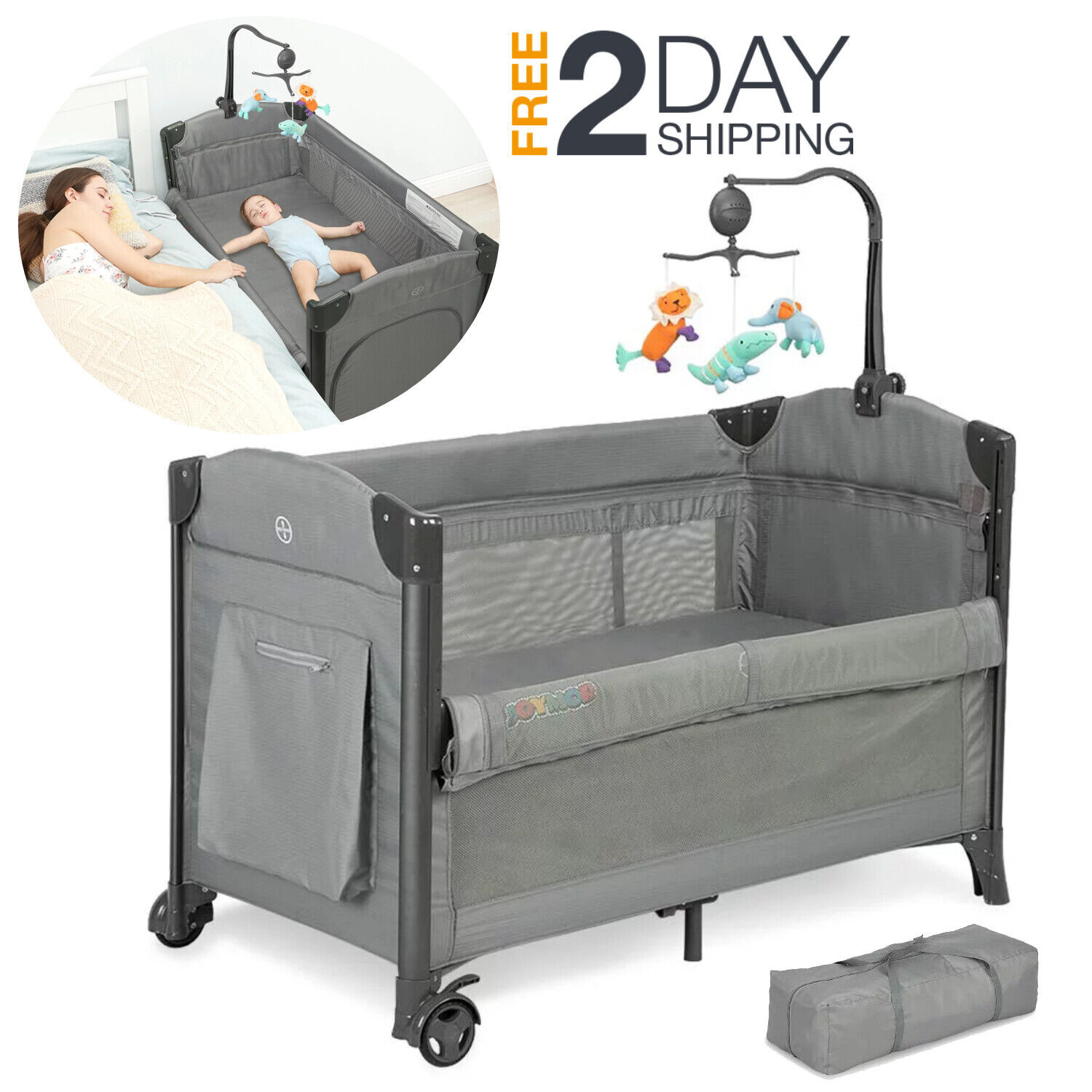 Cuna De Bebe Para Junto Cama Plegable Portatil Con musica y Juguetes Giratoria