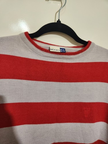 Mooks Size S Knit Jumper Womens Red Grey Striped Long Sleeve Round Neck Shirt - Picture 2 of 8