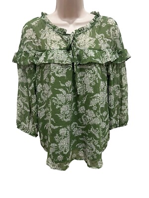 Faith and Joy Womens Large Green Blouse White Floral Keyhole String Tie 3/4 Slv